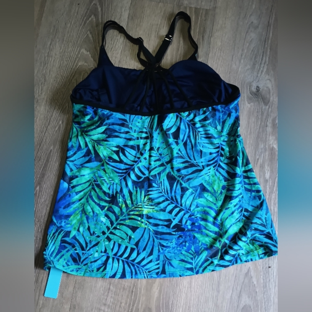 Younique Blue and Green Tropical Print Swim Tankini Top - Picture 4 of 5